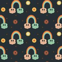 groovy style seamless pattern with rainbows and flowers vector