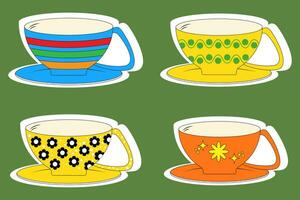 set of four tea cups in different sizes and ornaments vector