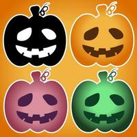 pumpkin stickers in different colors with spooky smile, halloween set vector