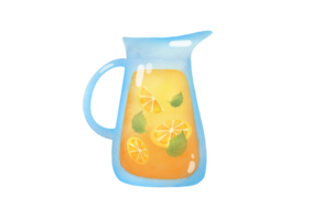 Watercolor illustration of fresh lemon homemade lemonade in glass jug isolated on white background. front view food clipart illustration with Refreshing cool drink, orange, multifruit, mango juice png