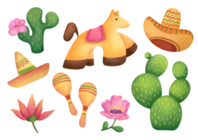 clipart Set of watercolor illustrations cinco de mayo. Mexican fiesta set with Sombrero, cactus, maracas, pinata. bright festival party decoration collection isolated on transparent background png