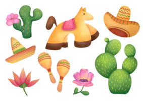 clip art reeks van waterverf illustraties cinco de mayonaise. Mexicaans feest reeks met sombrero, cactus, maracas, piñata. helder festival partij decoratie verzameling geïsoleerd Aan transparant achtergrond png