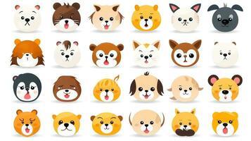 conjunto de animal caras, cara emojis, pegatinas, emoticones, dibujos animados gracioso mascota caracteres cara colocar, generativo ai ilustración foto