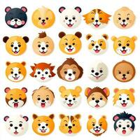 conjunto de animal caras, cara emojis, pegatinas, emoticones, dibujos animados gracioso mascota caracteres cara colocar, generativo ai ilustración foto