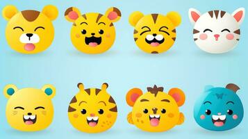 Set of animal faces, face emojis, stickers, emoticons,cartoon funny mascot characters face set, Generative AI illustration photo