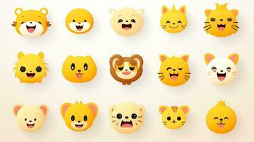 conjunto de animal caras, cara emojis, pegatinas, emoticones, dibujos animados gracioso mascota caracteres cara colocar, generativo ai ilustración foto