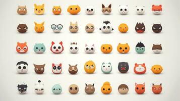 conjunto de animal caras, cara emojis, pegatinas, emoticones, dibujos animados gracioso mascota caracteres cara colocar, generativo ai ilustración foto