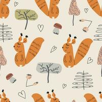 Cute seamless pattern with squirrel, mushrooms,berries,hearts and trees. Childish texture for fabric, textile, apparel, nursery decoration. Hand drawn vector illustration.