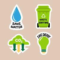 Collection of ecology stickers with slogans. Modern isolated vector badges for web and print.