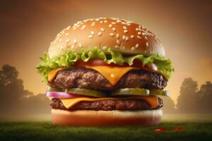 Big tasty hamburger on green grass landscape background photo