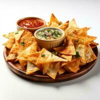 Nachos with salsa dip on white background. Mexican food. photo