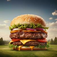 Big tasty hamburger on green grass landscape background photo