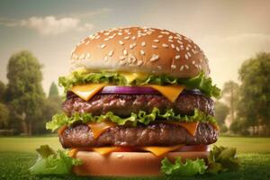 Big tasty hamburger on green grass landscape background photo