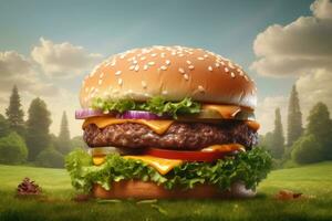 grande sabroso hamburguesa en verde césped paisaje antecedentes foto
