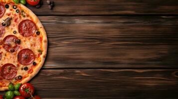 Pizza on a wooden background. Top view with copy space. photo