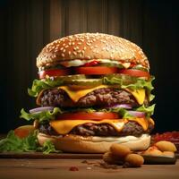 Big tasty hamburger on green grass landscape background photo