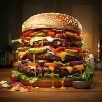 Big tasty hamburger on green grass landscape background photo