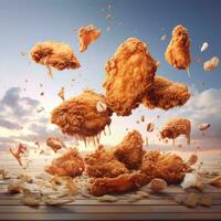 Delicious crispy BBQ fried chicken wings fly in air photo