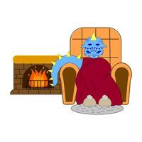 Funny fantasy character dragon sitting by the fireplace. Isolated on white background. Vector cartoon colorful icons. harvest