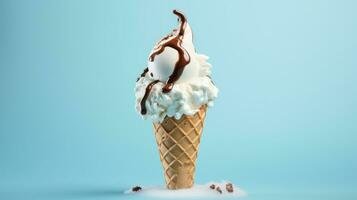 ice cream cone with chocolate and ice cream on blue background photo