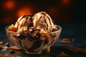 Bowl of ice cream with chocolate on brown background, closeup photo