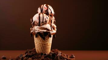 Bowl of ice cream with chocolate on brown background, closeup photo