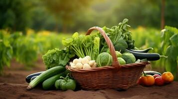 basket with fresh vegetables on wooden table in garden, closeup photo