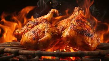 Roasted chicken legs on the grill with flames and smoke, close up photo