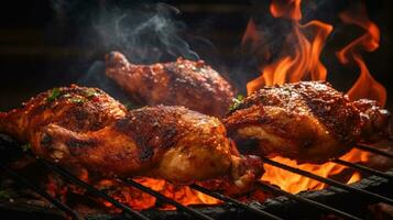 Roasted chicken legs on the grill with flames and smoke, close up photo