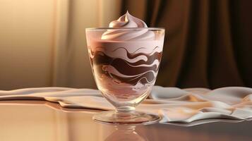 Chocolate pudding ice cream with whipped cream in a glass bowl photo