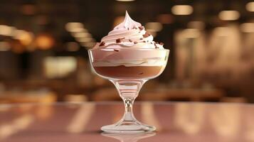 Chocolate pudding ice cream with whipped cream in a glass bowl photo