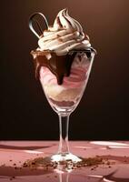 chocolate pudín hielo crema con azotado crema en un vaso cuenco foto