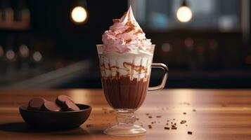 Chocolate pudding ice cream with whipped cream in a glass bowl photo