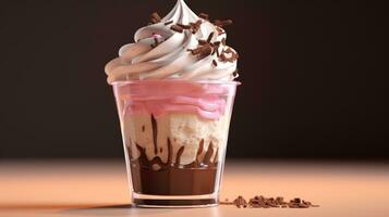 Chocolate pudding ice cream with whipped cream in a glass bowl photo