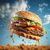 grande hamburguesa con volador ingredientes en azul cielo antecedentes. rápido comida concepto foto