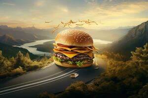 Burger on the highway road sky view background photo