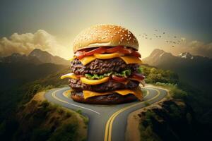 Burger on the highway road sky view background photo