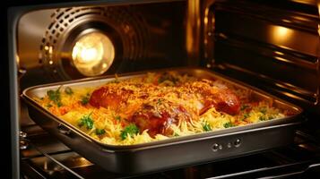 Chicken Biryani with rice and vegetables in the oven photo