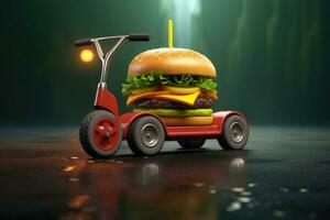 Burger delivery. Fast hamburger car. Cheeseburger as fast food car. Hamburger driving on the road. Fast food concept photo