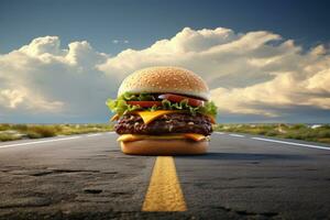 Tasty Hamburger on asphalt road background photo