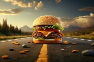 Tasty Hamburger on asphalt road background photo