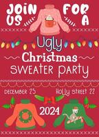 ugly sweater party invitation. Christmas winter sweaters with different ridiculos design, DIY vibe. Stock vector illustration isolated on white background in flat hand drawn style.