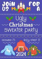 ugly sweater party invitation. Christmas winter sweaters with different ridiculos design, DIY vibe. vector