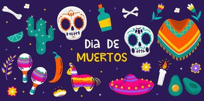 Day of the dead element set with skull, sombrero, tequila  and bones vector