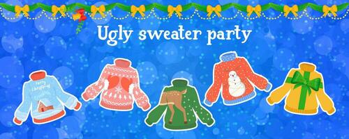 ugly sweater party banner. Christmas winter sweaters with different ridiculos design, DIY vibe. vector