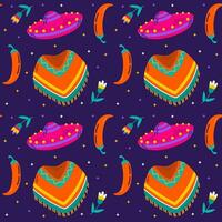 Mexican seamless pattern with sombrero and poncho. Day of the dead vector