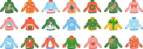 feo suéter fiesta colocar. Navidad invierno suéteres con diferente ridiculizar diseño, bricolaje onda. vector