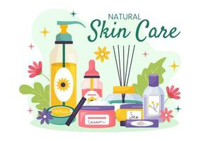 natural piel cuidado vector ilustración de mujer aplicando productos cosméticos cara protección de la piel productos con orgánico ingredientes en plano dibujos animados antecedentes modelo