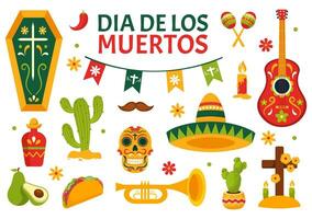 dia Delaware los muertos vector ilustración con día de el muerto, jugar música, esqueleto en mexicano disfraces y sombrero en plano dibujos animados antecedentes