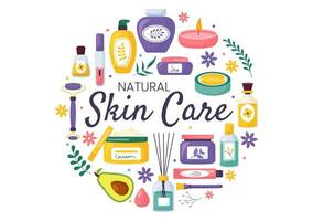 natural piel cuidado vector ilustración de mujer aplicando productos cosméticos cara protección de la piel productos con orgánico ingredientes en plano dibujos animados antecedentes modelo